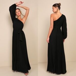 NWT LULUS Pleated Chiffon 70s One Shoulder Long Sleeve Whimsigoth Formal Gown XL